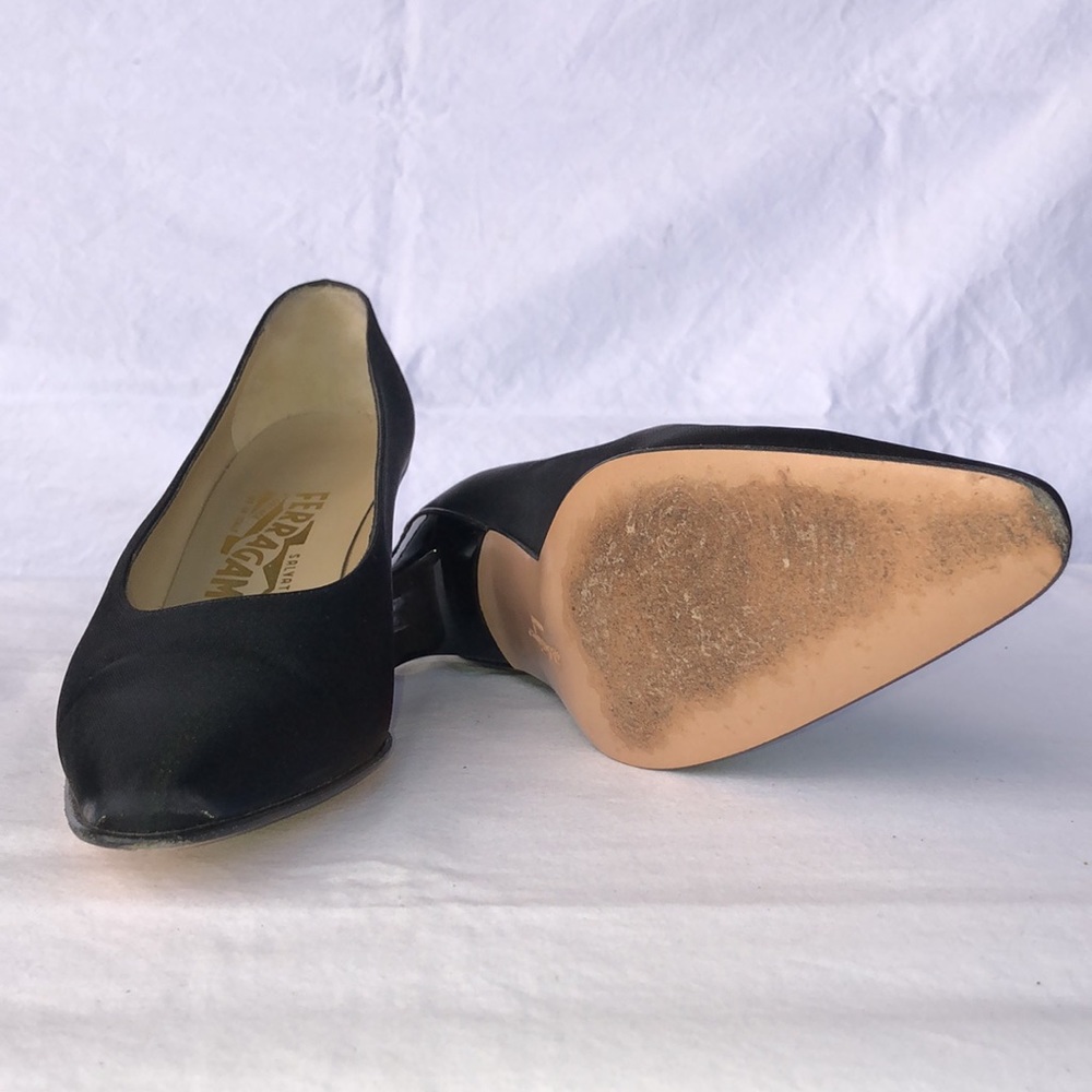 Salvatore Ferragamo “Boemia,” Black Silk Like Fabric, 2.75” Lucite Heel w/Lace - Picture 12 of 16